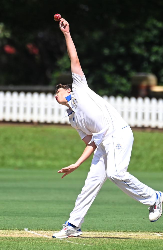 Nudgee college bowler Billy Connellan GPS first Xv cricket between Nudgee and BGS at Nudgee college Saturday February 17, 2024. Picture, John Gass