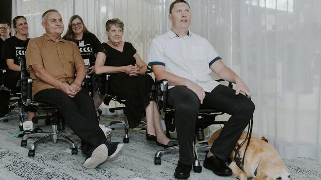 Nate Quinell and guide dog Keeno and proud parents Roger and Carol Quinell at the premiere of Fearless 2 at Feros Care, South Tweed Heads.