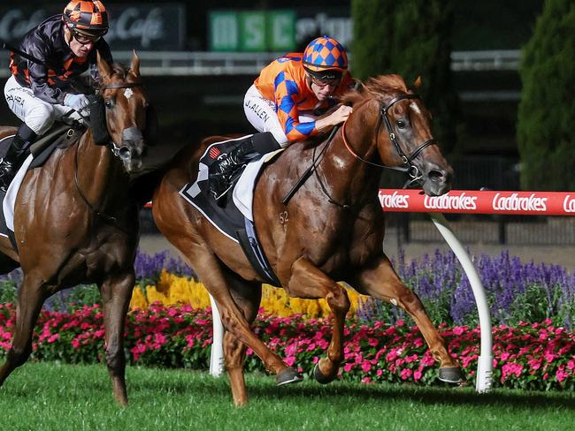 Johnny Rocker ridden by John Allen wins the The Orbit Logistics Valley Summer Sprint Final at Moonee Valley Racecourse on March 08, 2024 in Moonee Ponds, Australia. (Photo by George Salpigtidis/Racing Photos via Getty Images)