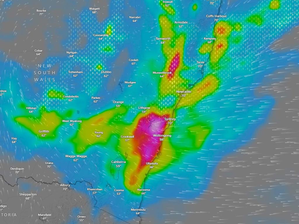 Sydney, the central coast and Illawarra could see some very heavy falls on Friday. Picture: Windy.