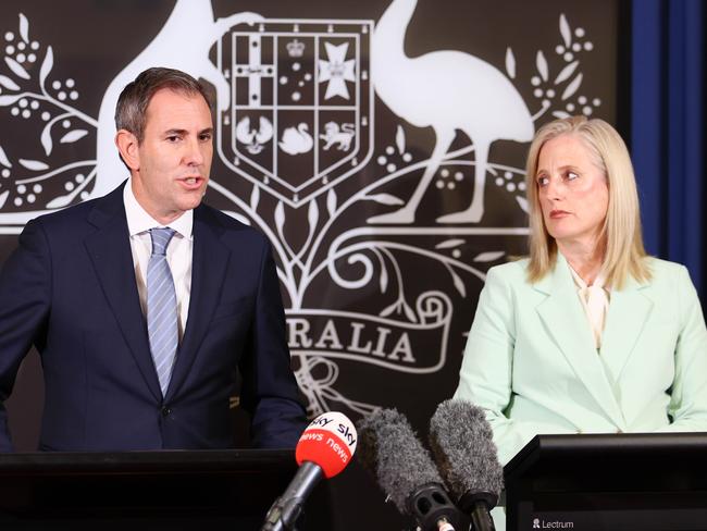 Treasurer Jim Chalmers and Finance Minister Katy Gallagher in Brisbane on Monday. Picture: NewsWire/Tertius Pickard