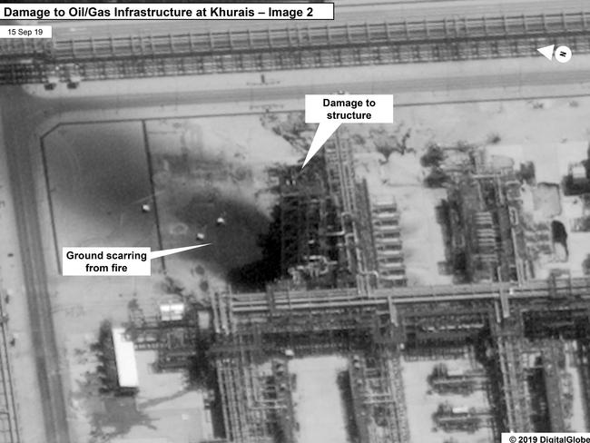 Damage to the infrastructure at Saudi Aramco's Kuirais oilfield in Buqyaq, Saudi Arabia. Picture: US government/Digital Globe via AP