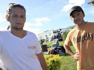 Orange Sky Laundry co-founders Lucas Patchett (L) and Nic Marchesi have arrived in Yeppoon, Sat. Feb. 21. 2015 to help people impacted by Cyclone Marcia. The pair operate a free mobile laundry service that usually help the homeless, but is also used in disaster situations. (AAP IMAGE/ Karin Calvert) NO ARCHIVING. Picture: KARIN CALVERT