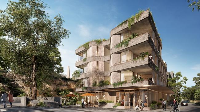 Residential apartments, retail space and hospitality venues are part of the $100m vision for The Escarpment at Macquarie Point. The plans also feature a green roof with public open space. Source: Supplied.