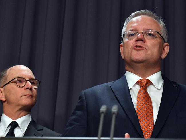 Deputy Chief Medical Officer Professor Paul Kelly and Prime Minister Scott Morrison giving an update on the coronavirus. Picture: AAP