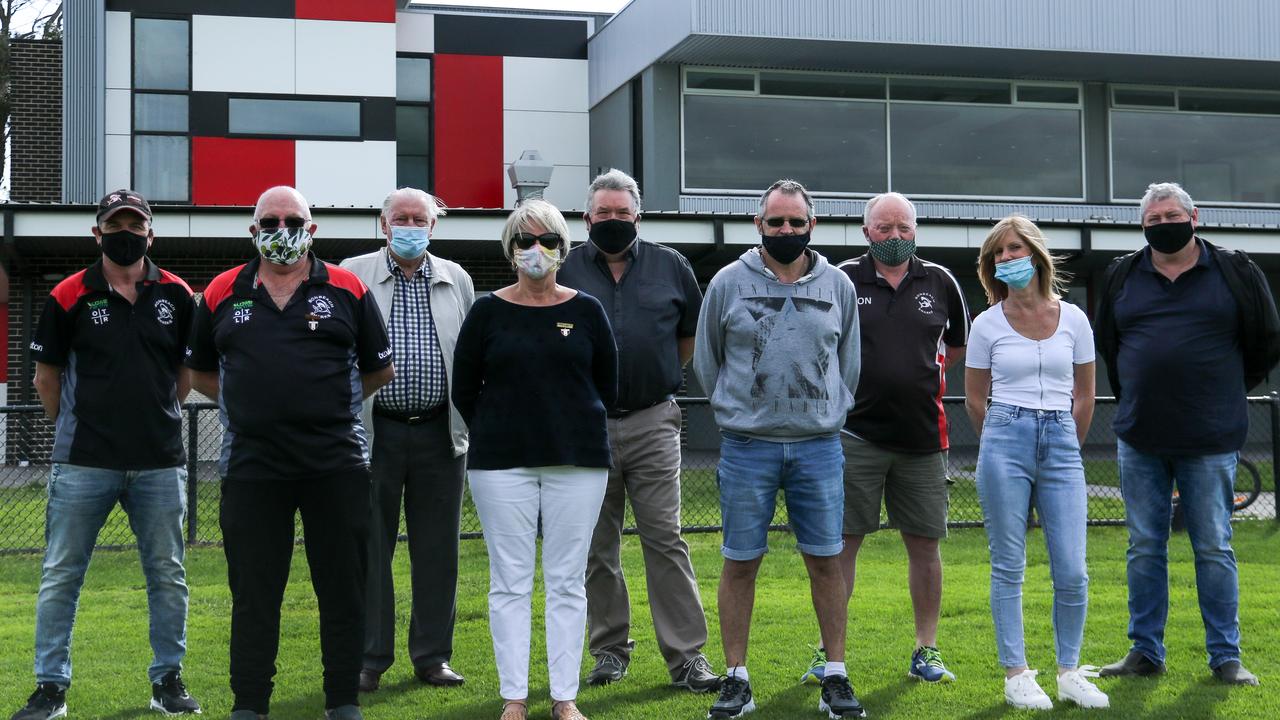 Stephen Cochrane (grey sweater, blue shorts) with his group of mates and mums and dads from the Bonbeach Sports Club that are living the Melbourne Cup dream with Oceanex.