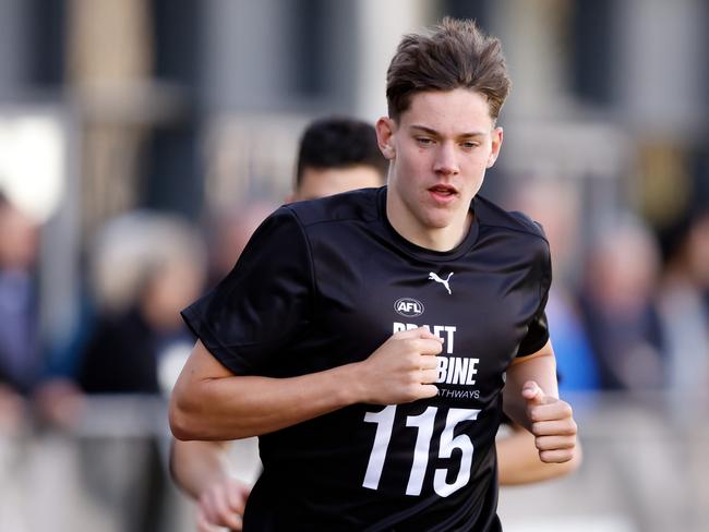 MELBOURNE, AUSTRALIA - OCTOBER 06: Connor O'Sullivan (Murray Bushrangers) participates in the 2km time trial during the 2023 AFL National Draft Combine at AIA Centre on October 06, 2023 in Melbourne, Australia. (Photo by Dylan Burns/AFL Photos via Getty Images)