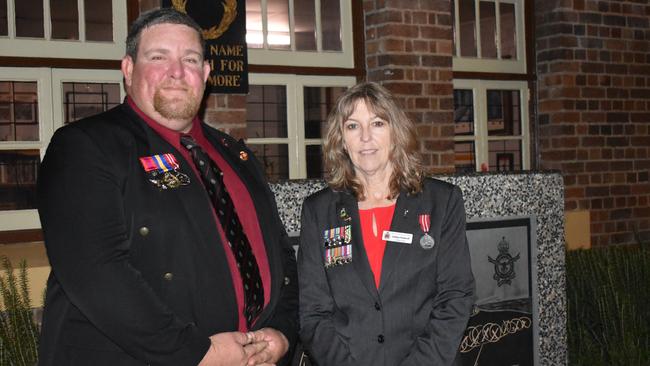 Cameron Jeppesen and Ipswich RSL sub-branch secretary Debbie Wadwell at the 2022 Ipswich Anzac Day Dawn Service. Picture: Jessica Baker