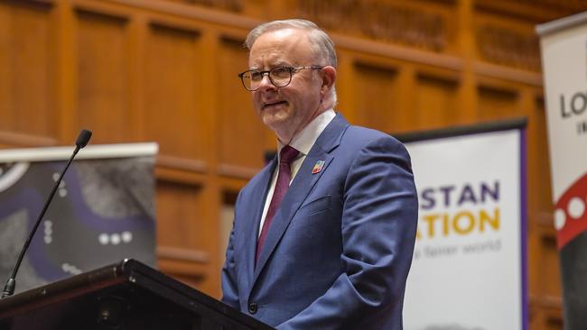 Prime Minister Anthony Albanese delivers the Lowitja O'Donoghue address at Adelaide University, Bonython Hall. Picture: NCA NewsWire / Roy VanDerVegt