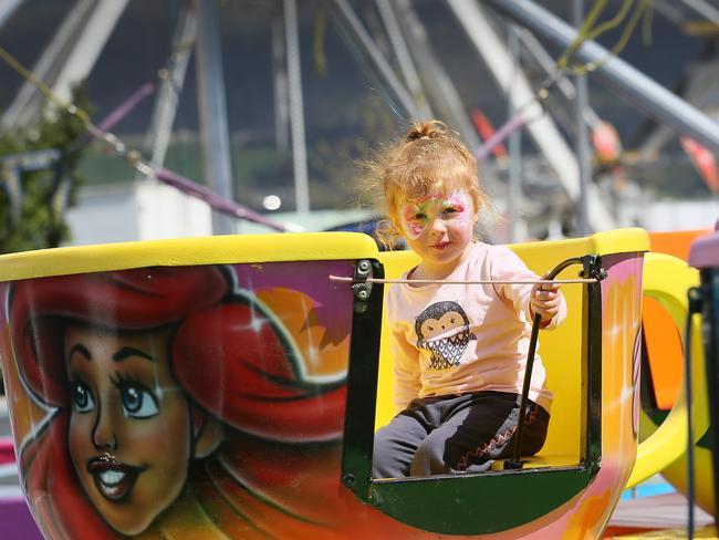 Emmi Bannister, 3, of Bridgewater, enjoying a ride in a teacup. Picture: SAM ROSEWARNE.