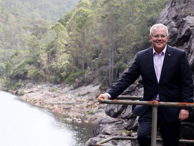 27-02-19 - Prime Minister Scott Morrison along with Tasmanian Premier Will Hodgman and Environment Minister Melissa Price during the announcement of the Battery of the Nation at Cethana Dam and Power Station in Tasmania. Picture: Adam Taylor