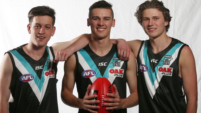 Port Adelaide trio Zak Butters, Connor Rozee and Xavier Duursma. Picture: Michael Klein