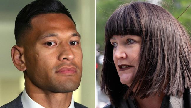 Former Wallaby Israel Folau (left) and Rugby Australia CEO Raelene Castle arrive to commence mediation negotations on Tuesday. Pictures: AAP, Sarah Matray