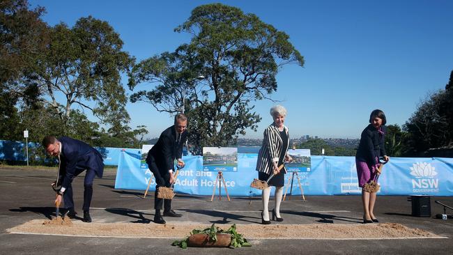 Federal Liberal Senator Andrew Bragg, Member for Manly James Griffin, philanthropist Kay Van Norton Poche and NSW Premier Gladys Berejiklian at the site of Australia's first palliative care hospice for young people living with an incurable illness. Picture: NCA NewsWire / Nikki Short