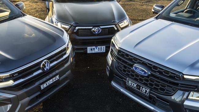 Volkswagen Amarok Pan Americana, Ford Ranger Wildtrak, Toyota HiLux Togue. Picture: Mark Bean