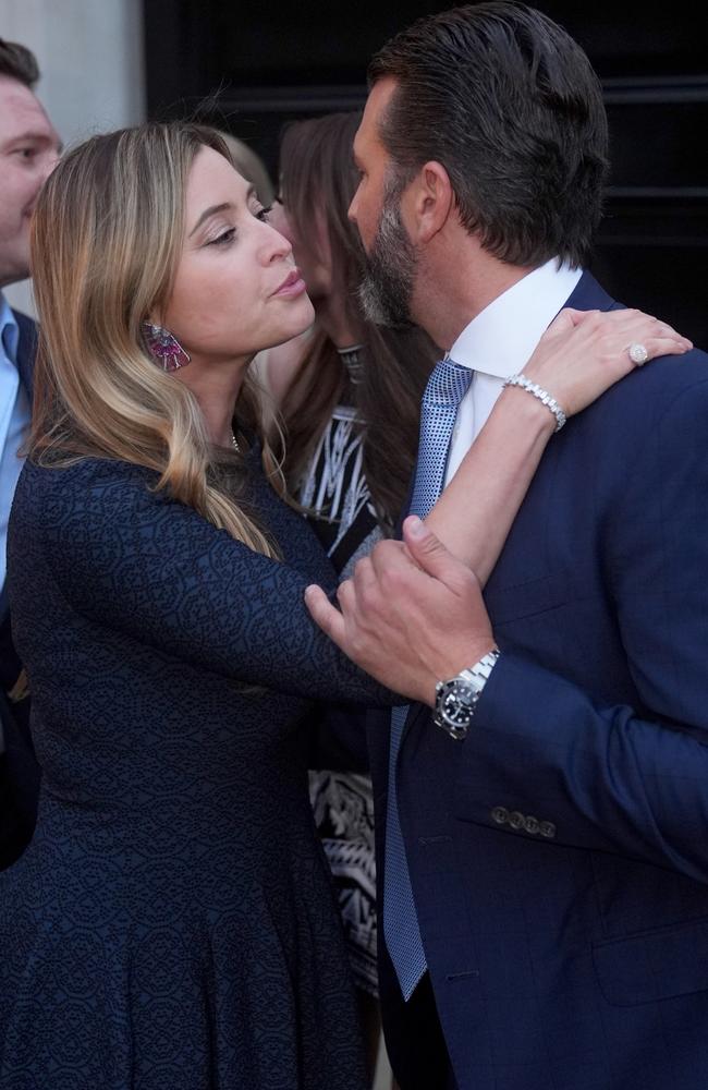 Holly Valance kissed Donald Trump Jr. farewell as he left her fundraiser for Donald Trump in London. Picture: James Manning/PA Images via Getty Images.