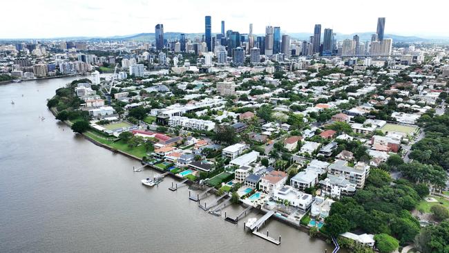 Aerial view large riverfront houses in the inner city Brisbane suburb of New Farm. The suburb has some of the Queensland capital city's most expensive real estate. Picture: Brendan Radke