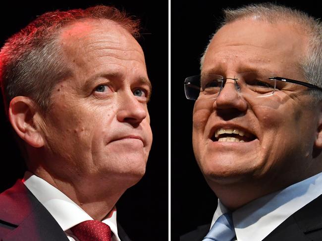 A comparison diptych generated on Sunday, 28 April 2019 shows (left) Opposition Leader Bill Shorten during a Labor Party campaign rally at Box Hill Town Hall in Melbourne, and (right) Prime Minister Scott Morrison at a campaign rally at Sydney Olympic Park in Sydney, Sunday, 28 April 2019. (AAP Image/Darren England, Mick Tsikas) NO ARCHIVING