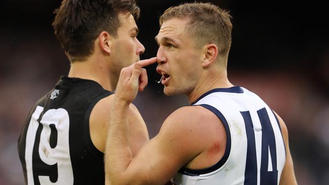 Joel Selwood tells the umpire about the treatment he received from Levi Greenwood. Picture: Michael Klein