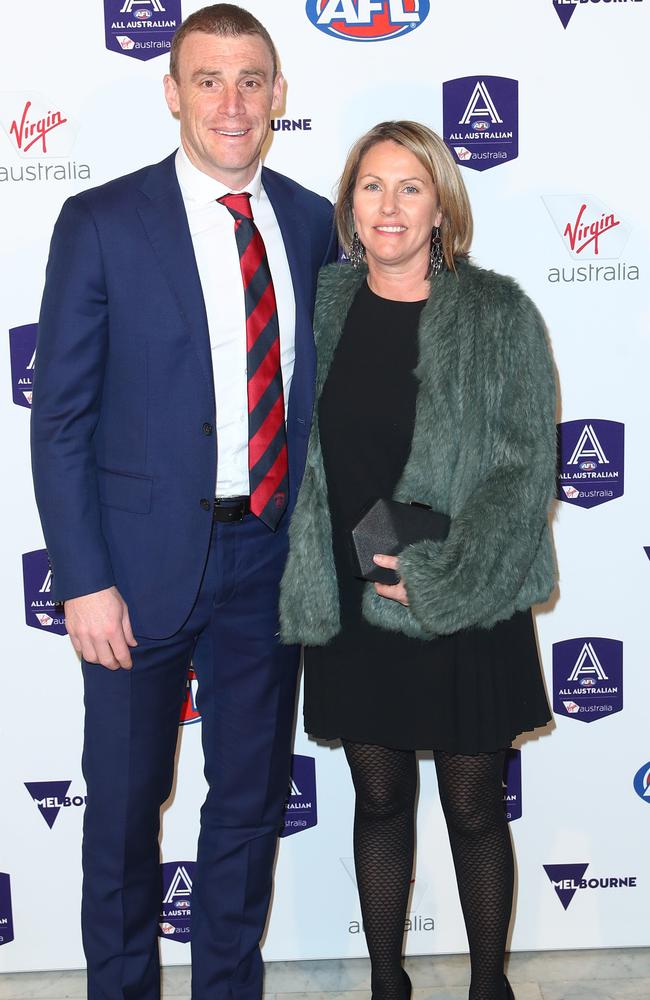 Simon Goodwin and his former wife Maggie Goodwin during the 2019 Virgin Australia AFL All Australian Awards at the The Palais Theatre in Melbourne. Picture: AAP