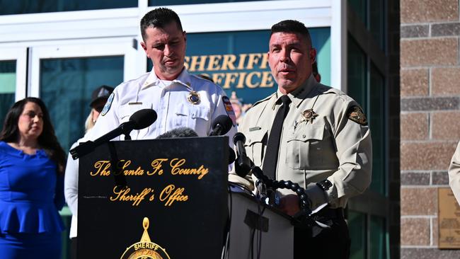 Santa Fe County Sheriff Adan Mendoza (right) speaks during a press conference at the Santa Fe County Sheriff's Office to provide an update on the investigation into the deaths of actor Gene Hackman and his wife Betsy Arakawa.