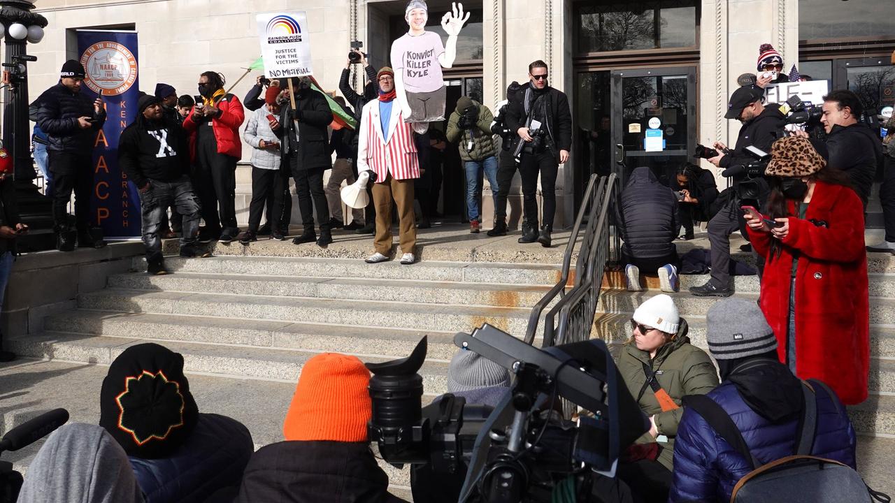 People gathered outside of the Kenosha County Courthouse waiting to hear the verdict in the trial of Kyle Rittenhouse. Picture: Scott Olson/Getty Images/AFP