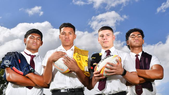 Peter Benjamin Uini, Jared Horne, Charlie Dickson and Karl Oloapu.Wavell SHS boys who have signed with NRL clubs.Thursday April 21, 2022. Picture, John Gass