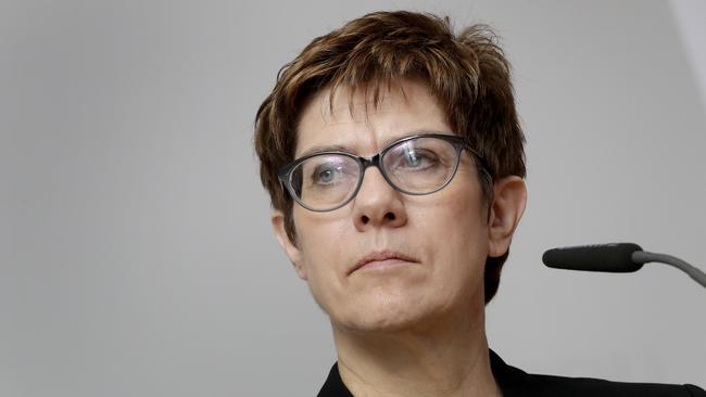 Annegret Kramp-Karrenbauer, chairwoman of the German Christian Democratic Union party, CDU, attends a joint statement with Manfred Weber, member of the Christian Social Union party, CSU, and top candidate of the European People's Party (EPP) for the European elections, as part of a closed meeting of the party's board in Potsdam, Germany, Monday, Jan. 14, 2019. (AP Photo/Michael Sohn)