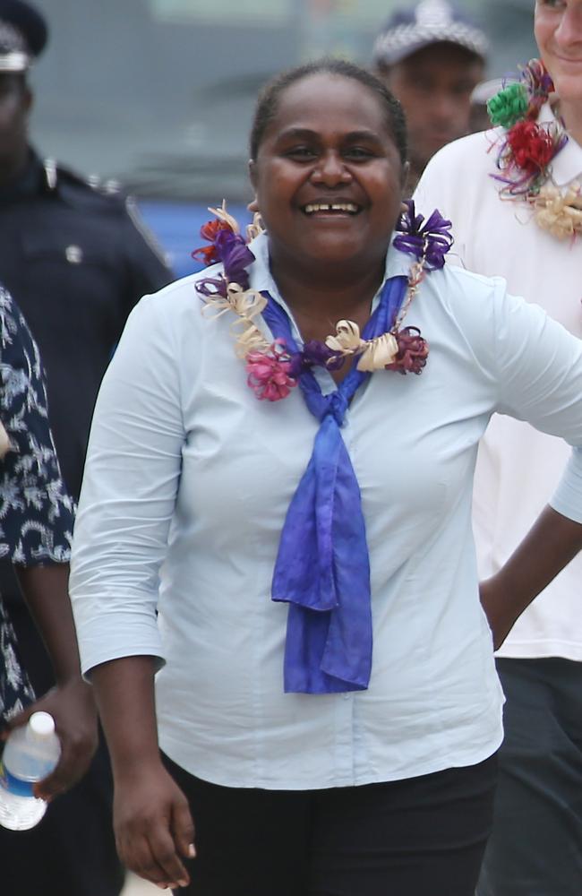 Solomon Islands Minister for Police, National Security and Correctional Services Lanelle Tanangada reviewing the ADF-AFP liaisons with her forces in Solomon Islands. Picture: Gary Ramage