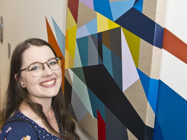 Graduart 2019 exhibiting student Karri McPherson with her work at the opening at Toowoomba Regional Art Gallery, Friday, November 8, 2019. Picture: Kevin Farmer