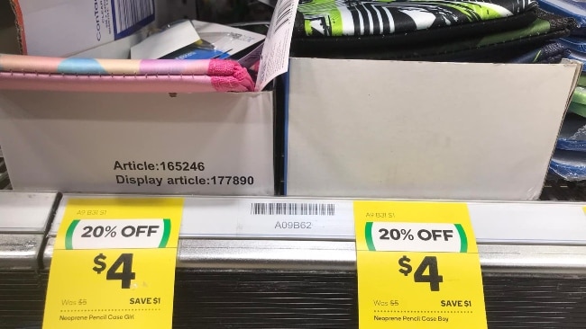 The Woolworths label marked pink pencil cases "girl" and the green and black ones "boy". Picture: Facebook