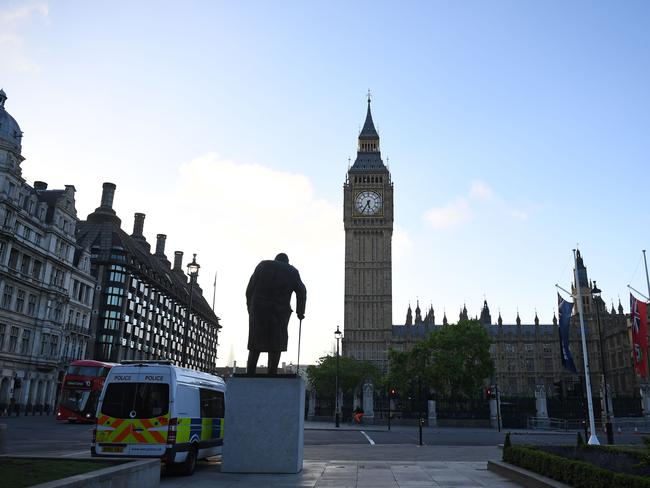 Dawn breaks at the Houses of Parliament in central London as Britain ws up to a hung parliament. Picture: Justin Tallis/AFP