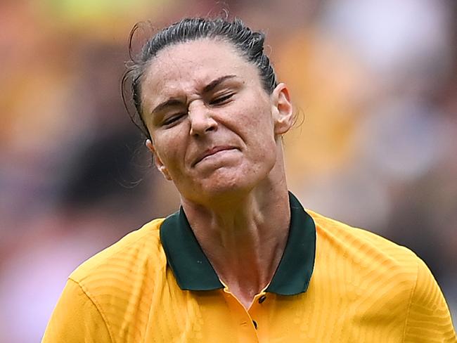 BRISBANE, AUSTRALIA - SEPTEMBER 03: Emily Gielnik of Australia reacts after a failed attempt on goal during the International Women's Friendly match between the Australia Matildas and Canada at Suncorp Stadium on September 03, 2022 in Brisbane, Australia. (Photo by Albert Perez/Getty Images)