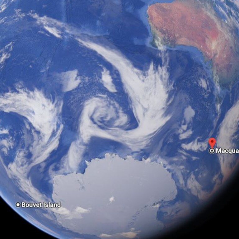 A Google Maps image shows the distance from Bouvet Island to Macquarie Island, Tasmania.