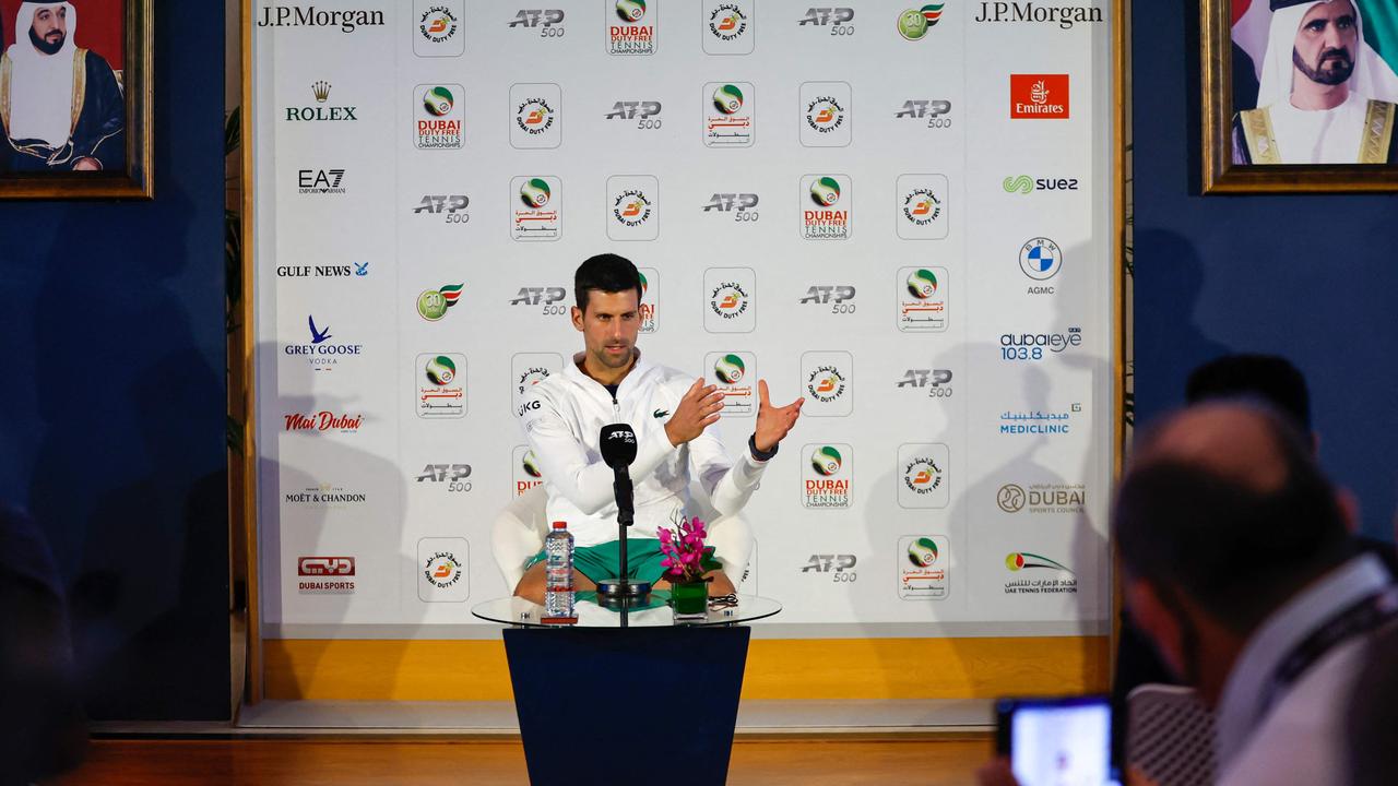 Novak Djokovic speaks at the Dubai Duty Free Tennis Championship. Photo by jorge ferrari / AFP.