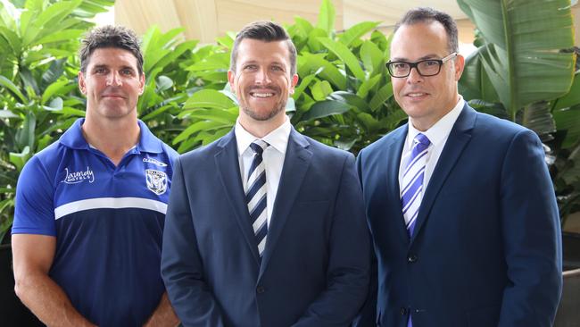 Bulldogs coach Trent Barrett, CEO Aaron Warburton and club chairman John Khoury.