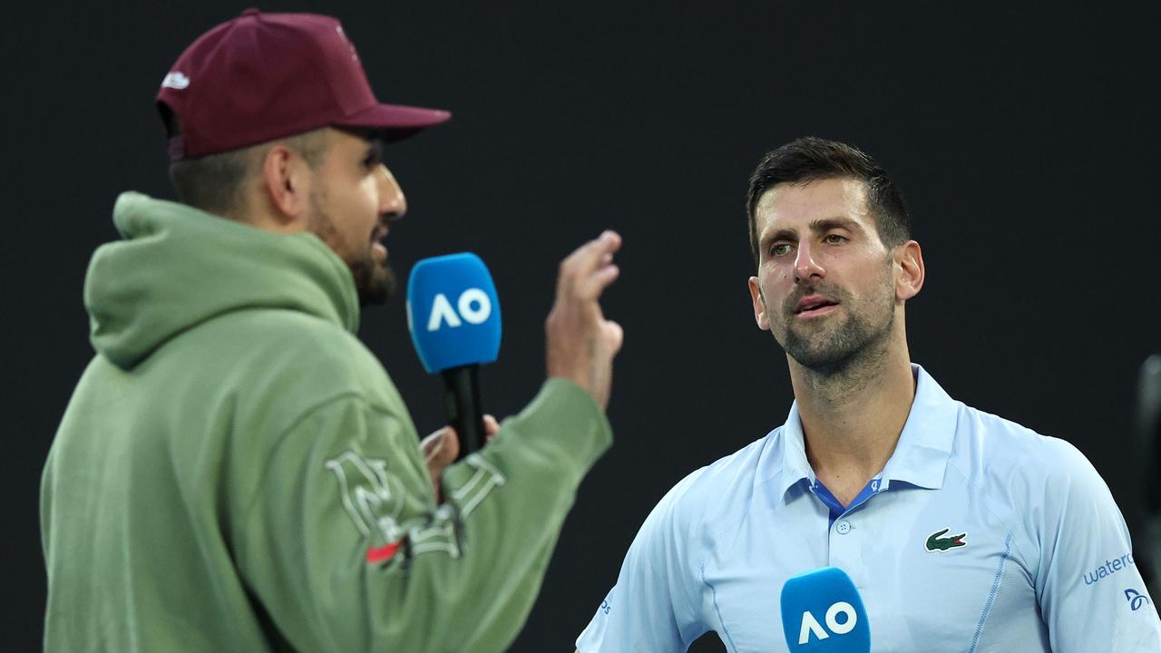 Nick Kyrgios interviews Novak Djokovic. (Photo by Daniel Pockett/Getty Images)