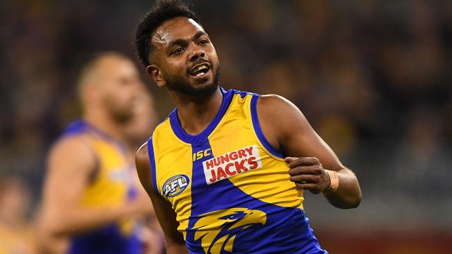 PERTH, AUSTRALIA - AUGUST 24: Willie Rioli of the Eagles celebrates after scoring a goal during the 2019 AFL round 23 match between the West Coast Eagles and the Hawthorn Hawks at Optus Stadium on August 24, 2019 in Perth, Australia. (Photo by Daniel Carson/AFL Photos via Getty Images)