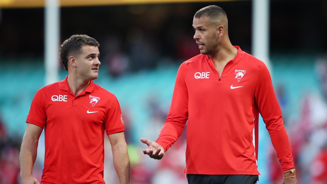 Lance Franklin broke his finger and was subbed out in the third term. Picture: Matt King/AFL Photos