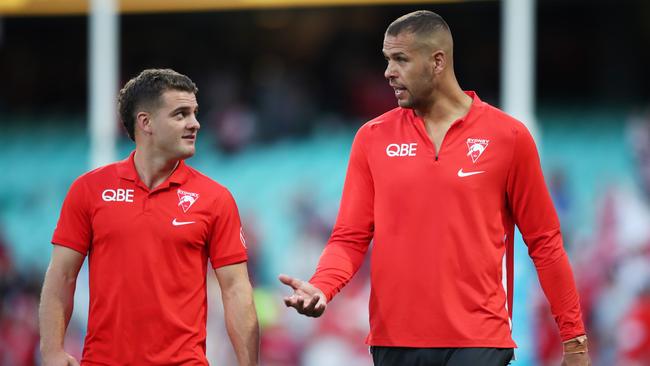 Lance Franklin broke his finger and was subbed out in the third term. Picture: Matt King/AFL Photos