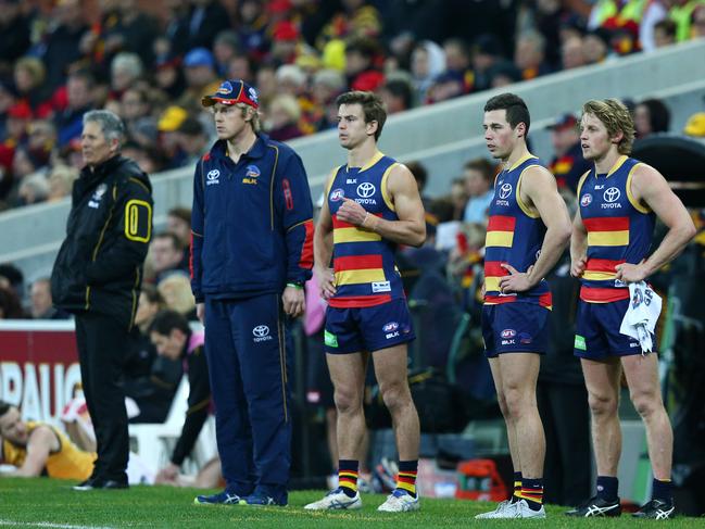 Round Table - AFL. Crows v Richmond - The interchange - crows players wait to come on. Photo Sarah Reed.