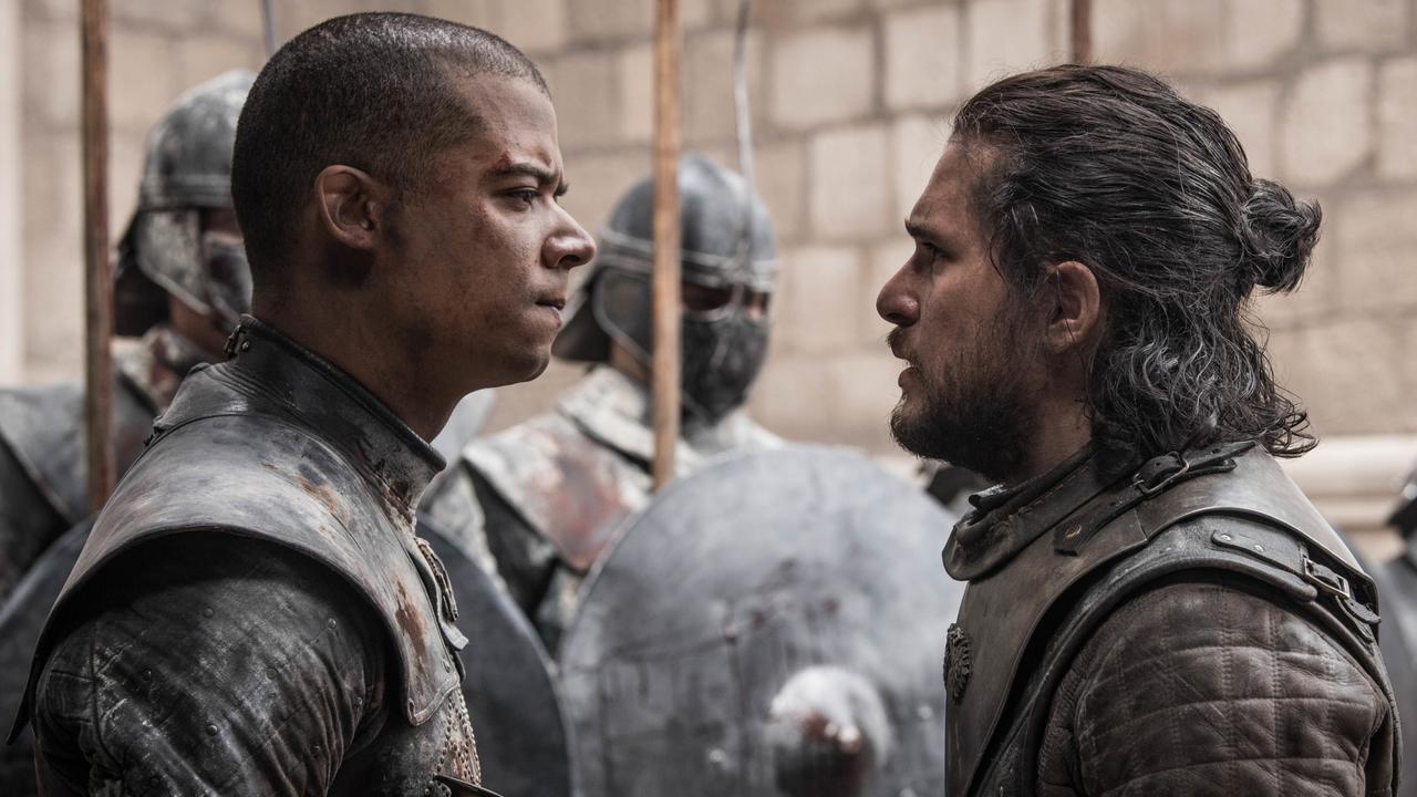 Jacob Anderson as Grey Worm and Kit Harington as Jon Snow. Picture: Helen Sloan/HBO