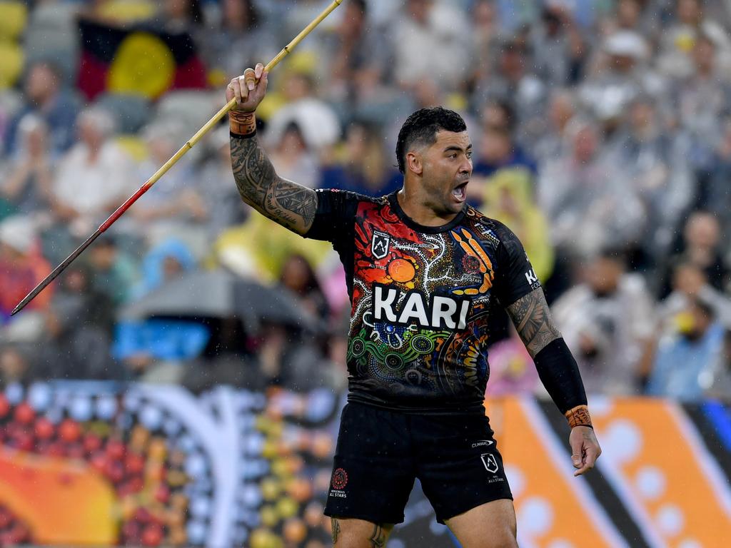 Andrew Fifita performs a War Dance for the Indigenous All Stars. (Picture: Evan Morgan)