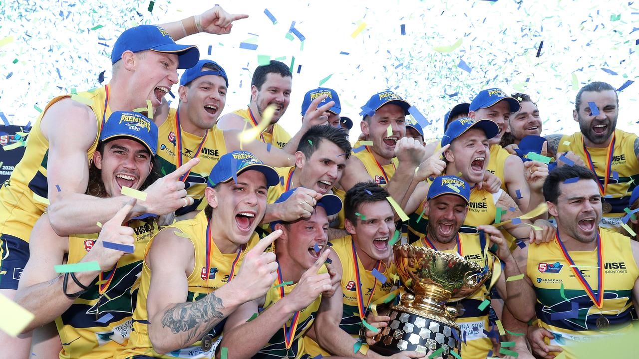 Woodville-West Torrens players celebrate last season’s SANFL grand final victory over North Adelaide. Picture: Sarah Reed