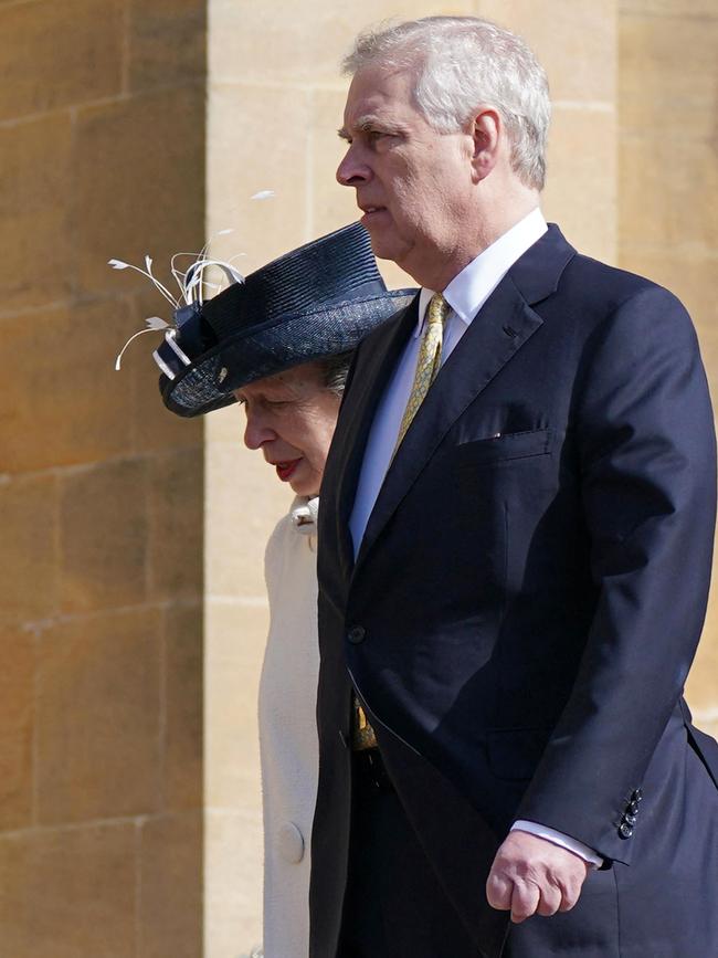 The Duke of York, Prince Andrew, looked less at ease as he walked with sister Princess Anne behind his brother the King. Picture: AFP