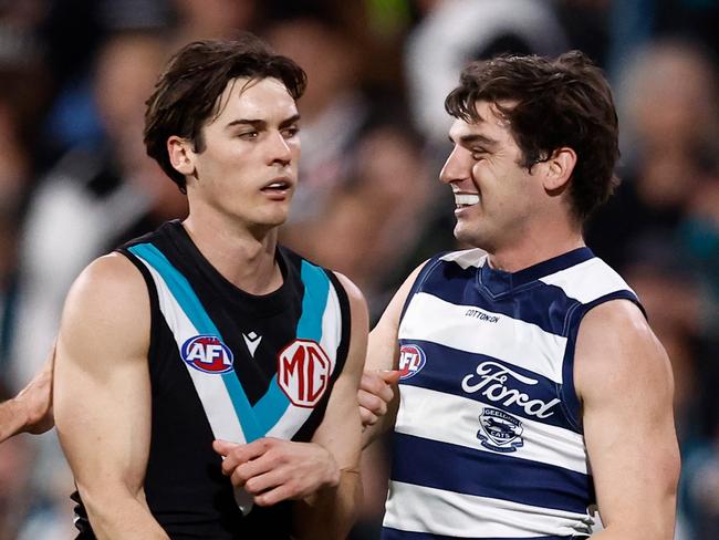 Shaun Mannagh has the last laugh on Thursday night against Port. Picture: Michael Willson/AFL Photos via Getty Images