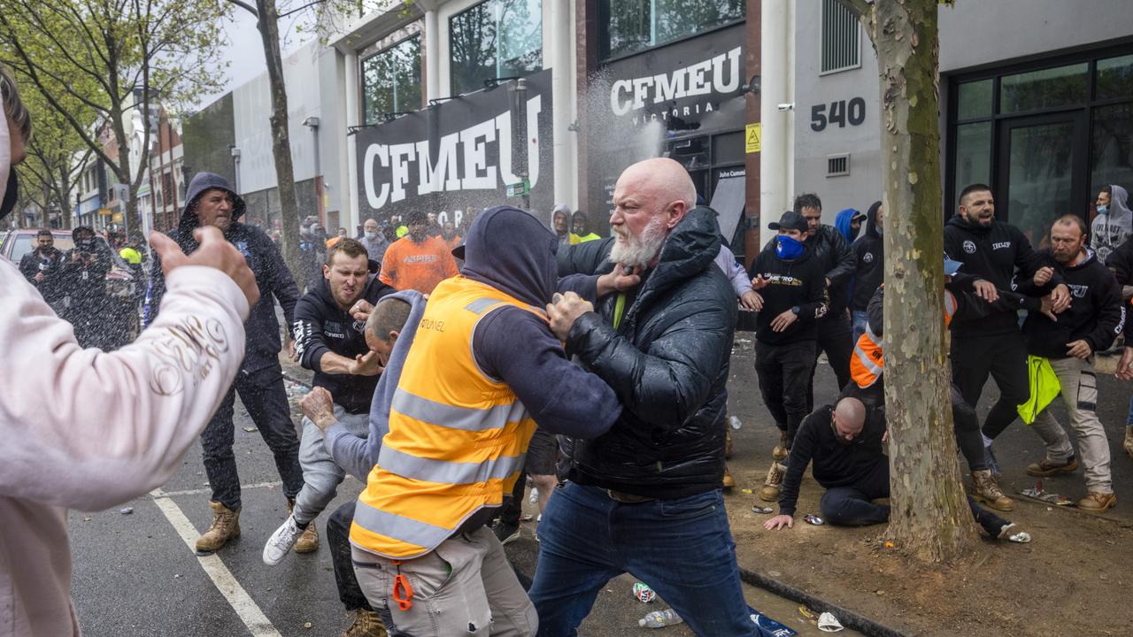 Protesters fighting outside the CFMEU headquarters on Monday. Picture: NCA NewsWire / David Geraghty