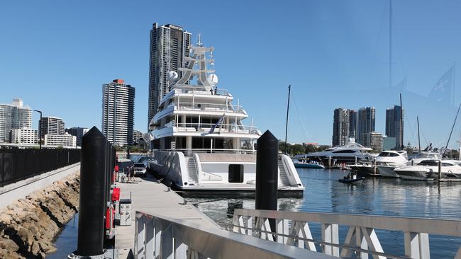 Miranda Kerr and husband Evan Spiegel's yacht, the 94.75metre Bliss, by Feadship, at Southport Yacht Club. Picture Glenn Hampson