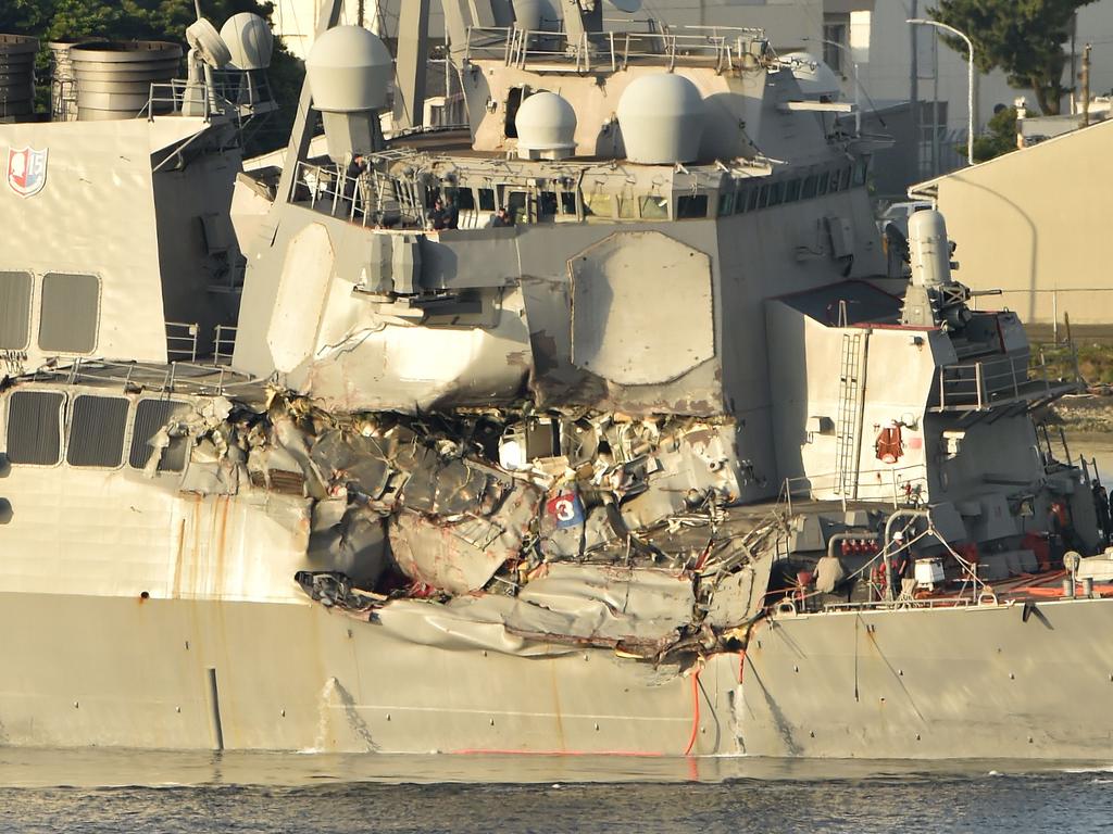 USS Fitzgerald as it arrved at its mother port US Naval Yokosuka Base, Kanagawa prefecture. Picture: AFP