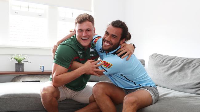 South Sydney star Liam Knight and Cronulla forward Toby Rudolf at their home in Randwick ahead of the Round 1 showdown. Picture: Brett Costello